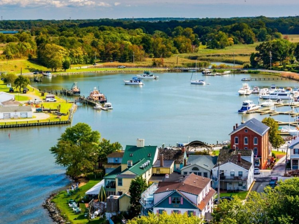 Photograph of small town seaside harbor